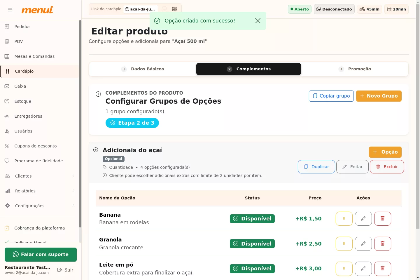 Grupo de adicionais do Açaí já configurado no Menui